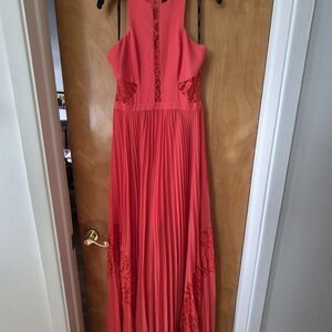 Marciano Burnt Orange High-Low Halter Neck Lace Maxi Dress